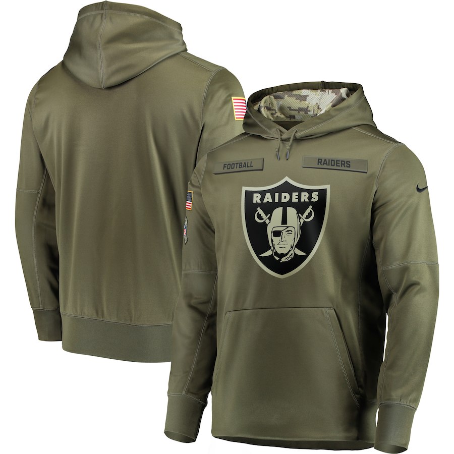 Men's Las Vegas Raiders 2018 Olive Salute to Service Sideline Therma Performance Pullover Stitched Hoodie